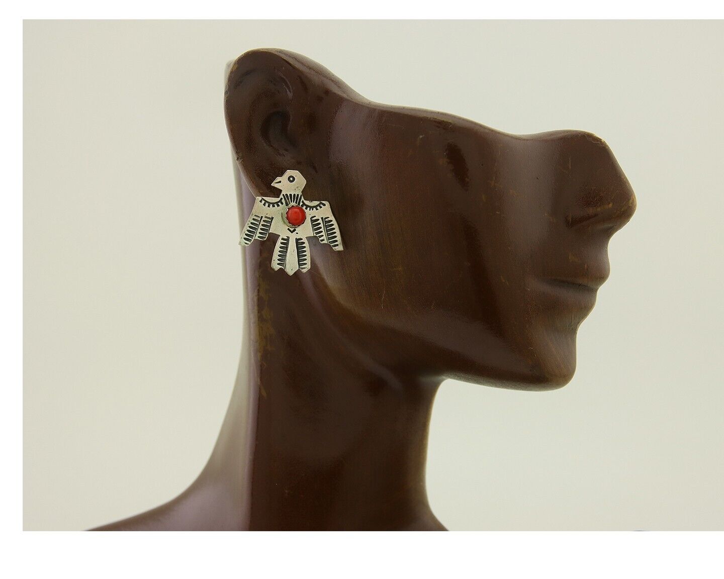Navajo Thunderbird Earrings 925 Silver Natural Red Coral Native Artist C.80's
