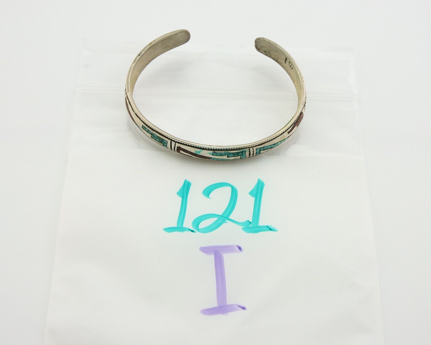 Navajo Bracelet 925 Silver Inlaid Coral & Turquoise Cuff Artist Signed LB C.80's