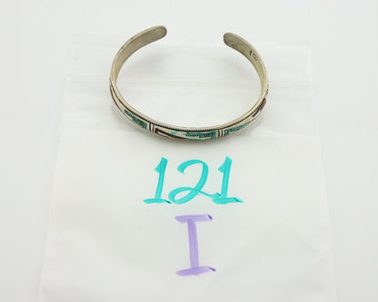Navajo Bracelet 925 Silver Inlaid Coral & Turquoise Cuff Artist Signed LB C.80's