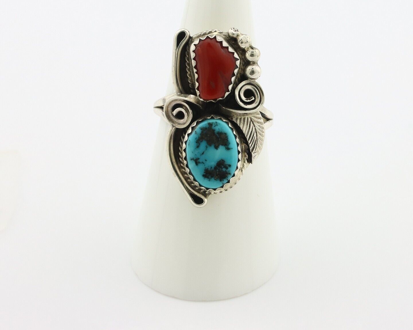 Navajo Ring .925 Silver Turquoise & Coral Artist Signed Justin Morris C.80's
