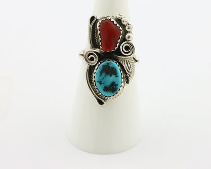 Navajo Ring .925 Silver Turquoise & Coral Artist Signed Justin Morris C.80's
