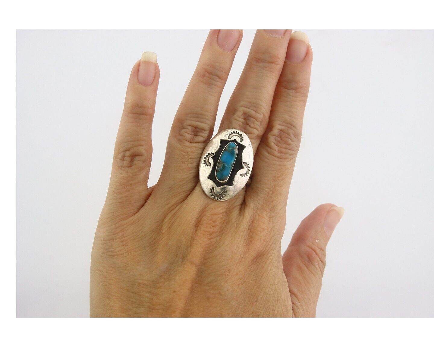 Navajo Ring 925 Sterling Turquoise Handmade Native Artist C.80's Size 8.5