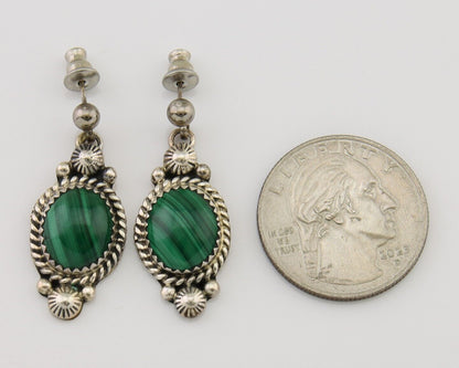 Navajo Handmade Earrings 925 Silver Malachite Native American Artist C.80's