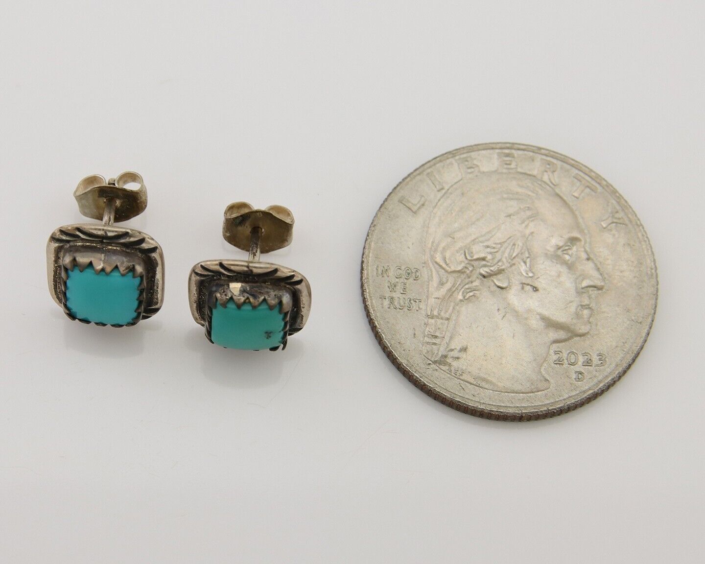 Navajo Hand Stamped Earrings 925 Silver Blue Turquoise Native Artist C.80's