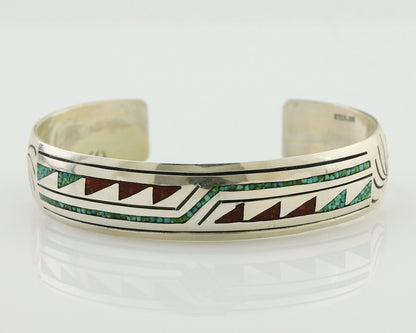 Navajo Inlay Bracelet 925 Silver Turquoise & Coral Signed Stanely Bain C.80's