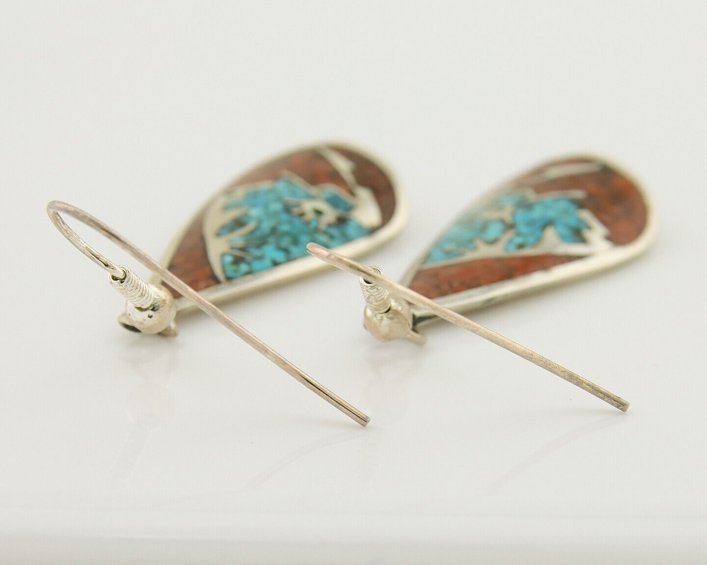 Navajo Kokopelli Earrings 999 Nickel Chip Inlay Turquoise Coral Native American