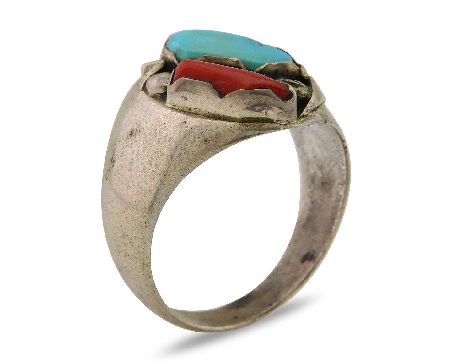 Navajo Handmade Ring 925 Silver Turquoise & Coral Native Artist C.80's