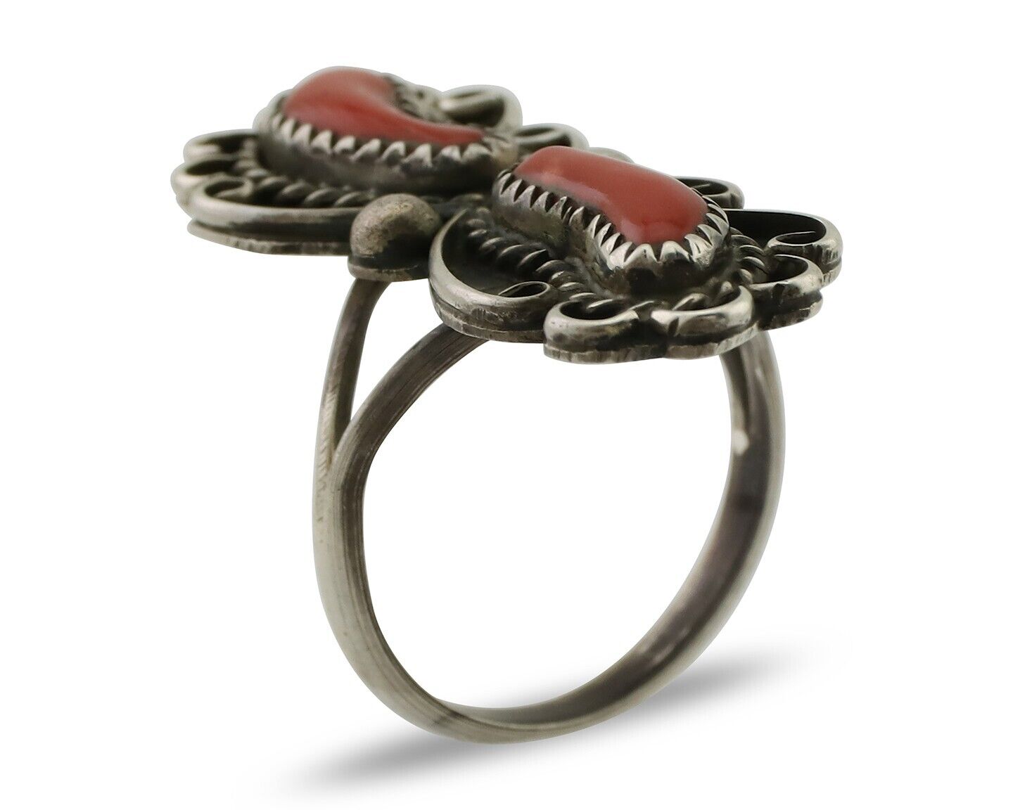 Navajo Ring 925 Silver Mediterranean Coral Native American Artist C.80's
