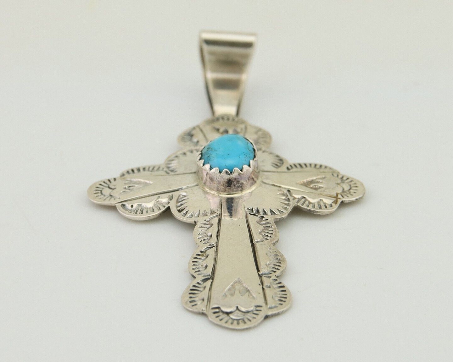 Navajo Cross Hand Stamped Pendant 925 Silver Turquoise Artist Gilbert Lee C.80's