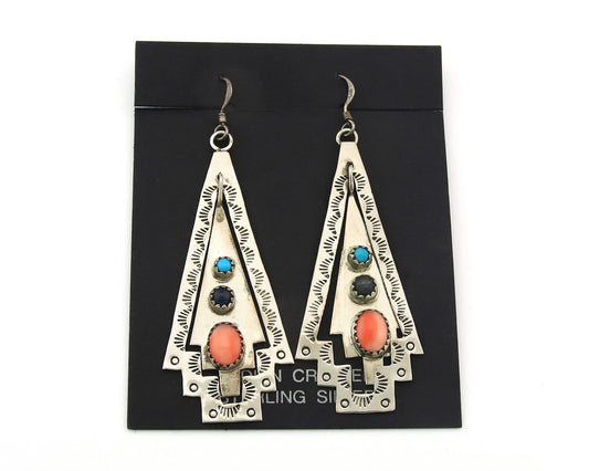 Navajo Dangle Earrings Sterling Silver Natural Gemstones Vintage Signed JWK