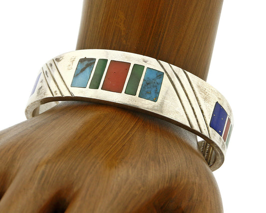 Early Artist David Freeland Inlaid Natural Gemstone .925 SOLID Silver Cuff