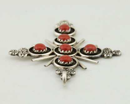 Zuni Cross Pendant 925 Silver Mediterranean Coral Artist Signed Lonasee C.80's