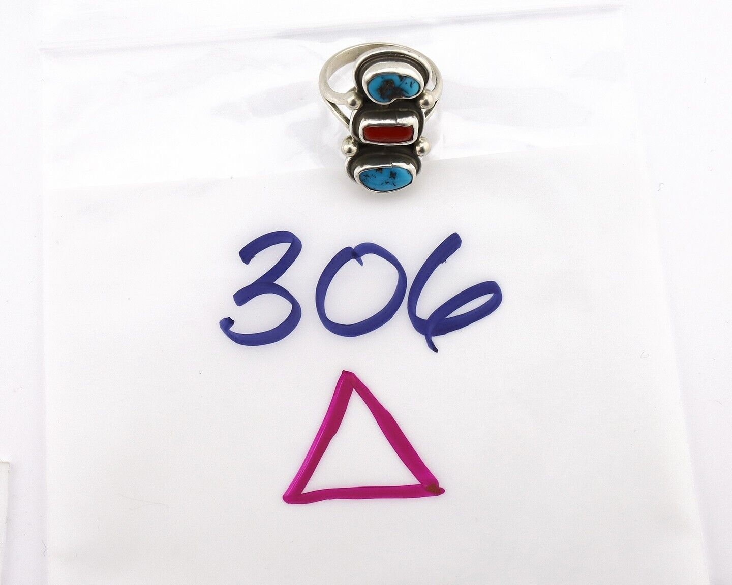 Navajo Ring 925 Silver Sleeping B Turquoise & Coral Native American Artist C.80s