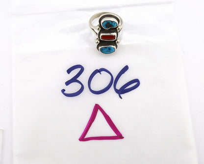 Navajo Ring 925 Silver Sleeping B Turquoise & Coral Native American Artist C.80s