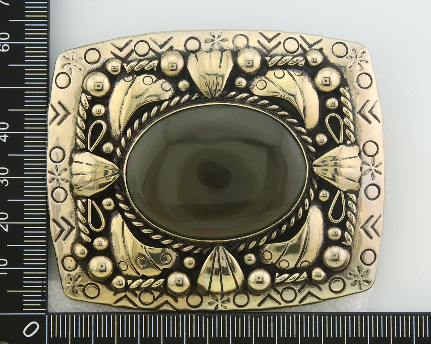 Navajo Belt Buckle .999 Nickel Agate Native Artist Handmade 2.5 x 3.0 in C.80s