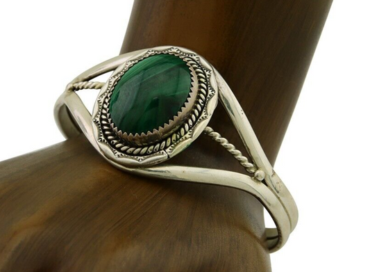 Navajo Cuff Bracelet Natural Malachite 925 Silver Native American Artist C.80s