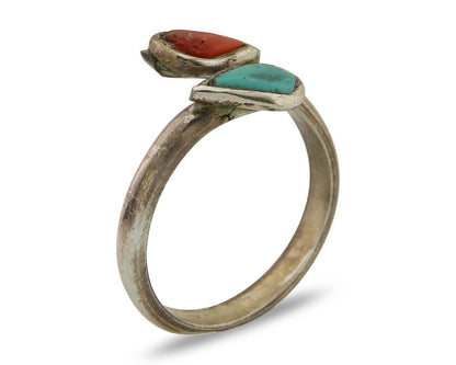 Navajo Handmade Ring 925 Silver Turquoise & Coral Native Artist C.80's