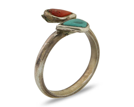 Navajo Handmade Ring 925 Silver Turquoise & Coral Native Artist C.80's