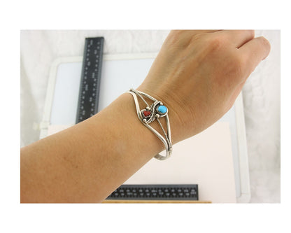 Navajo Bracelet 925 Silver Coral & Turquoise Cuff Signed Running Bear C.80's