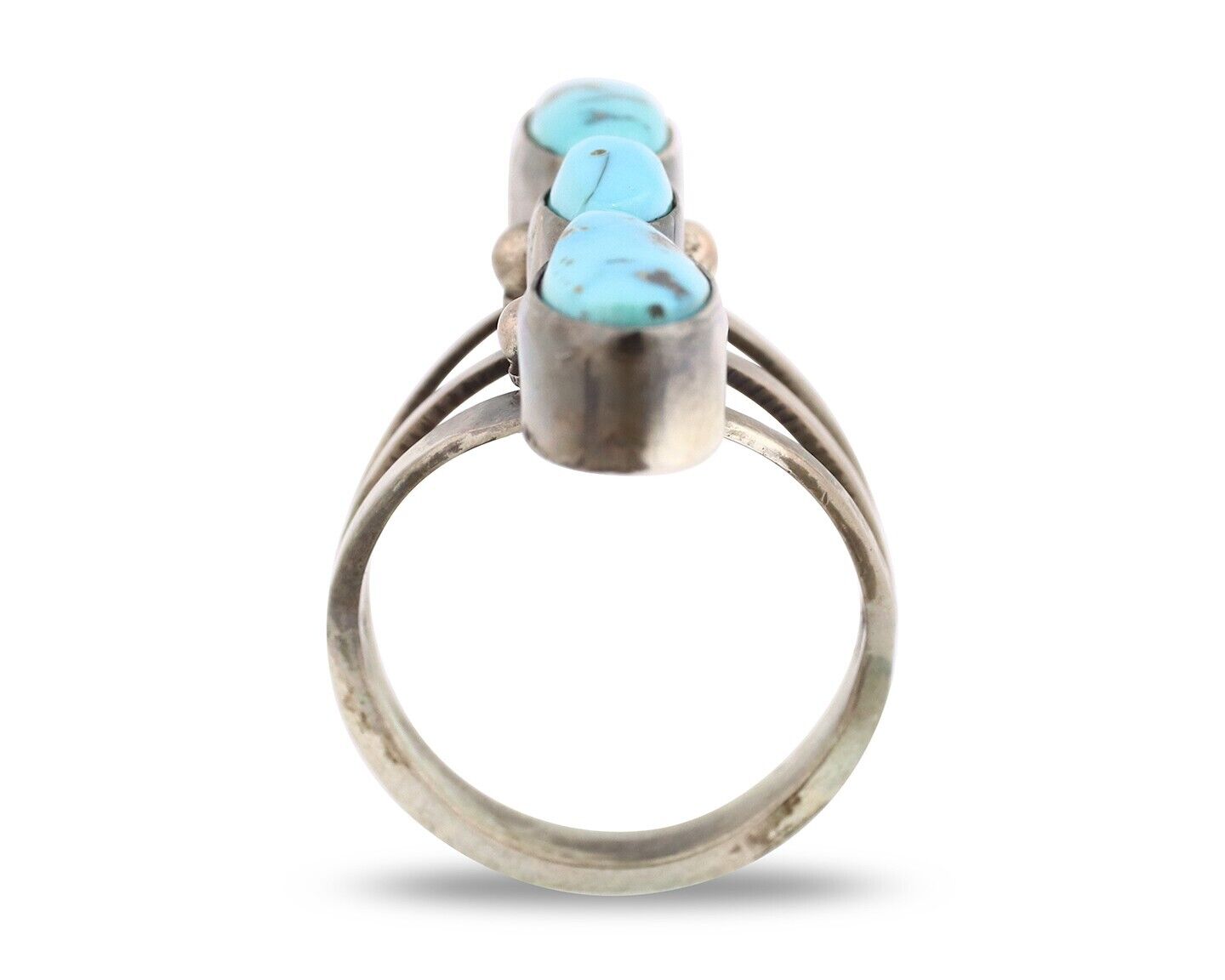 Navajo 3 Stone Ring 925 Silver Blue Turquoise Native American Artist C.80's
