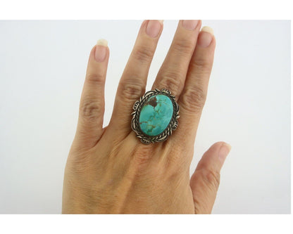 Navajo Ring 925 Sterling Turquoise Handmade Signed TALHAT C.80's Size 8.0
