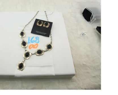 Navajo Necklace Earring Set Sterling Silver Onyx Vintage Signed Begay