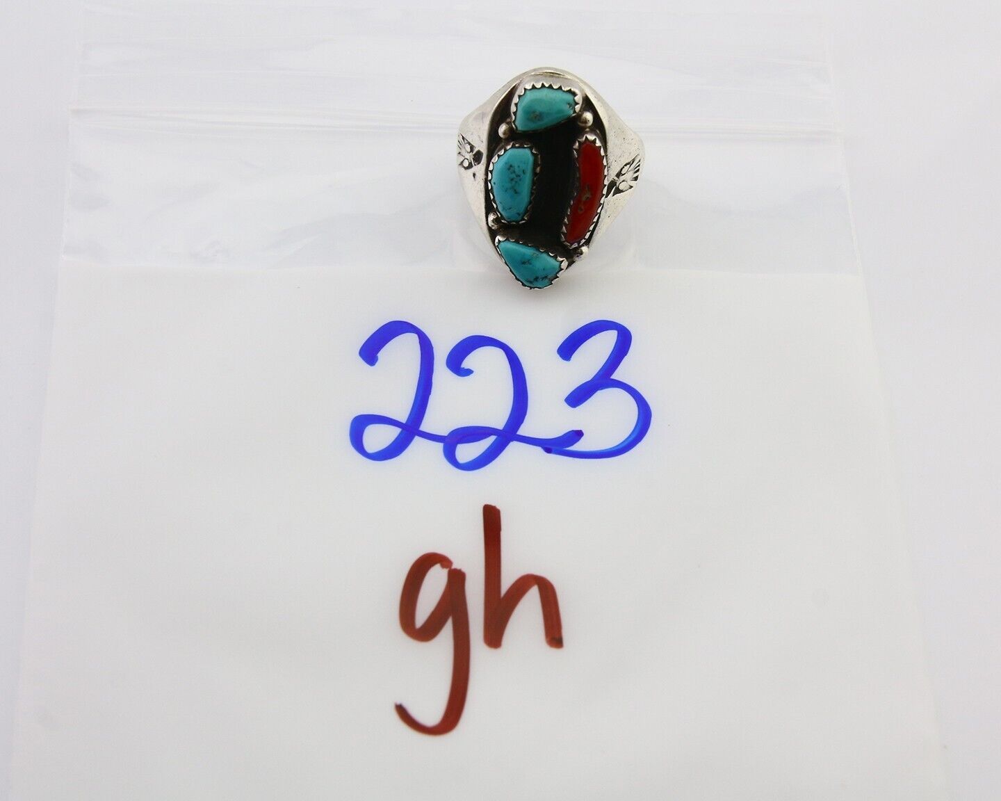Navajo Men Ring Natural Turquoise & Coral 925 Silver Solid C.80's