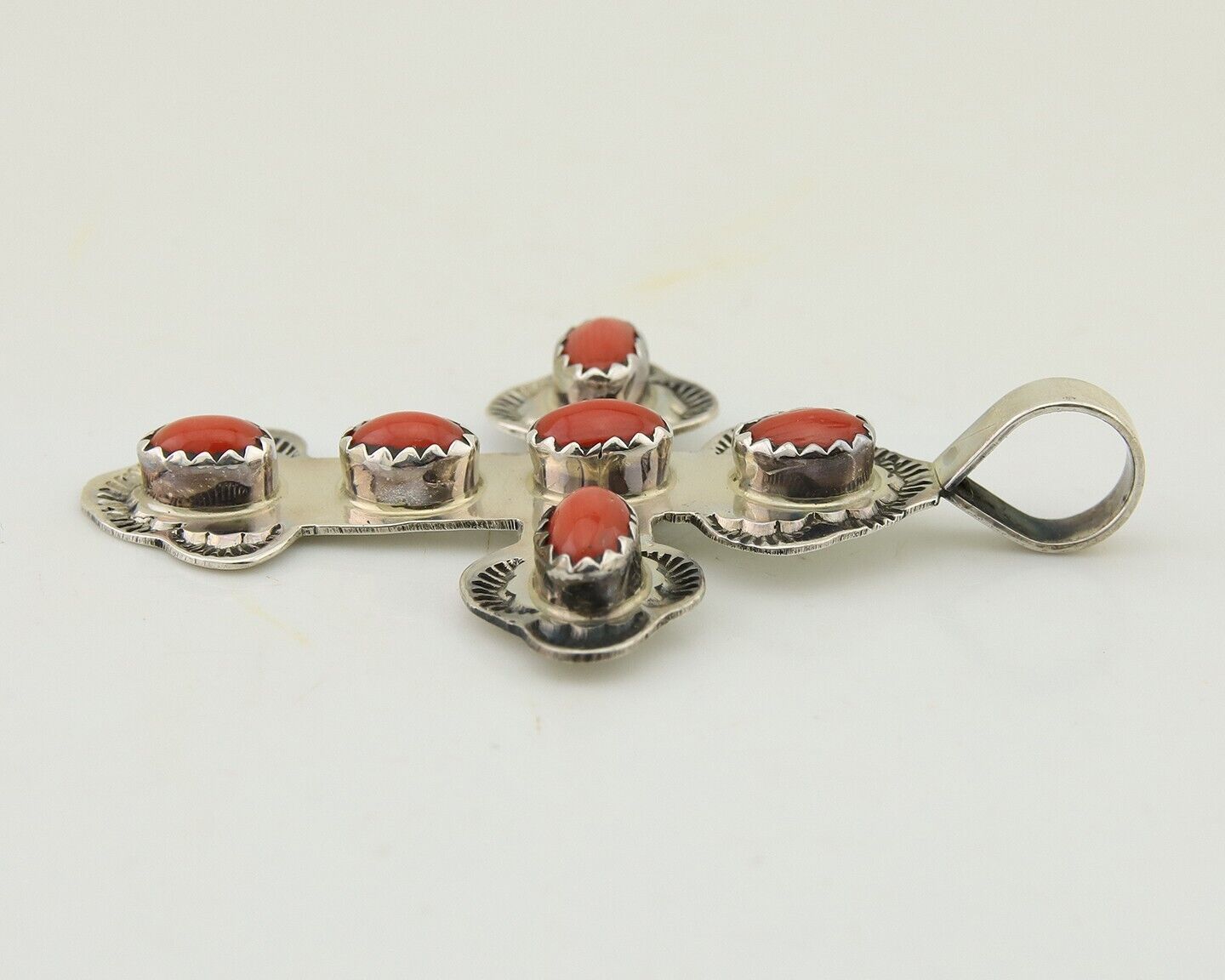 Navajo Cross Pendant 925 Silver Mediterranean Coral Artist Signed CB C.80's