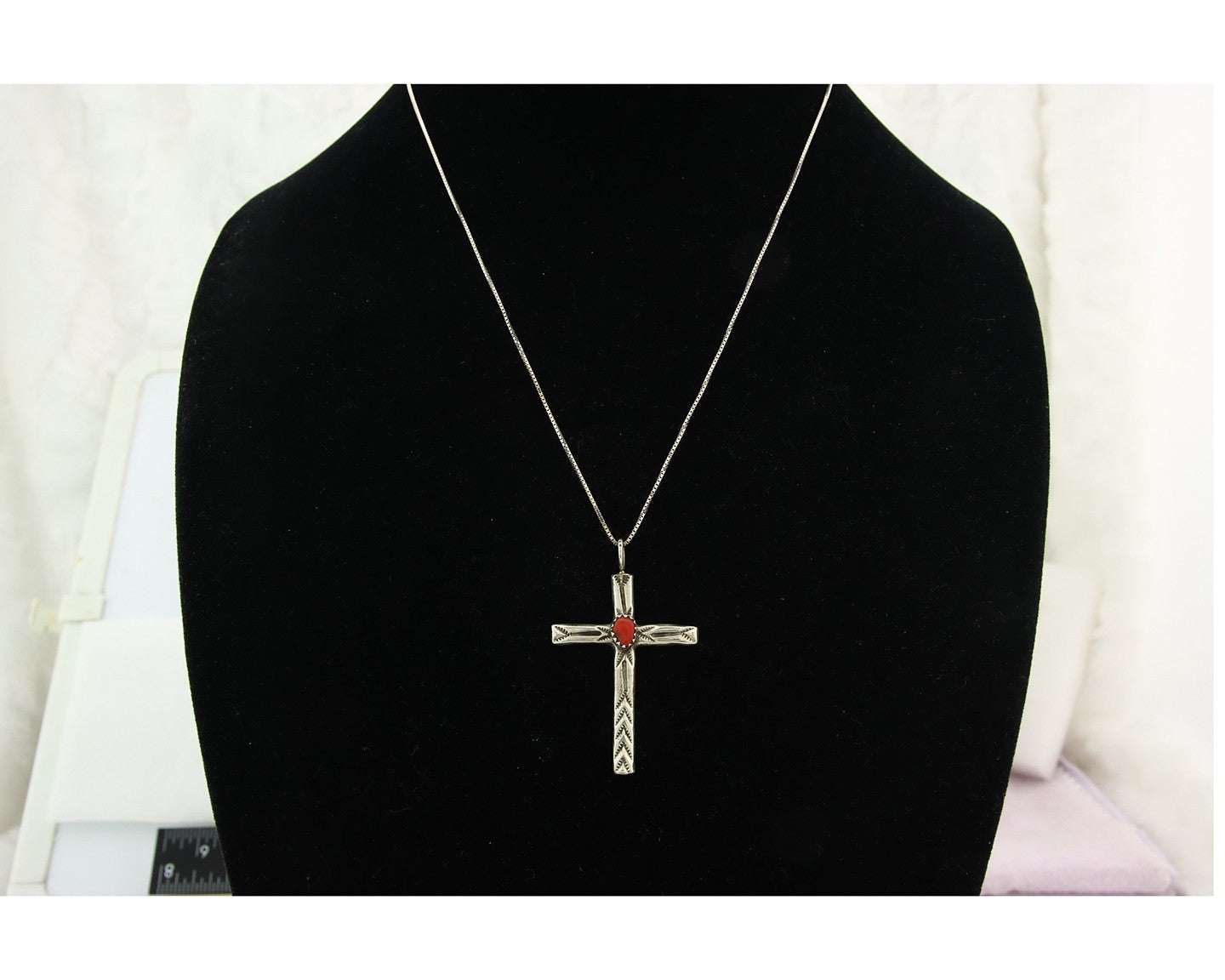 Navajo Cross Necklace Sterling Silver Coral Authentic Signed Arthur Williams