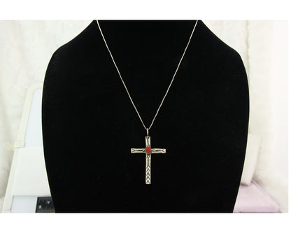Navajo Cross Necklace Sterling Silver Coral Authentic Signed Arthur Williams
