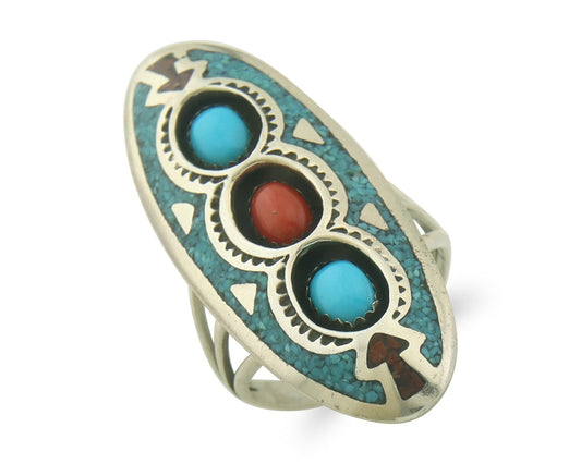 Vintage Navajo Ring 925 Sterling Turquoise & Coral Signed Circle JW Size 6.0