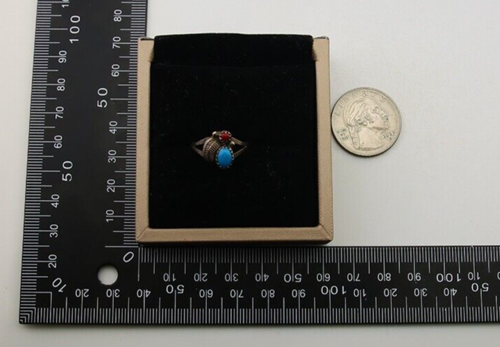 Navajo Handmade Ring 925 Silver Turquoise & Coral Native Artist C.80's