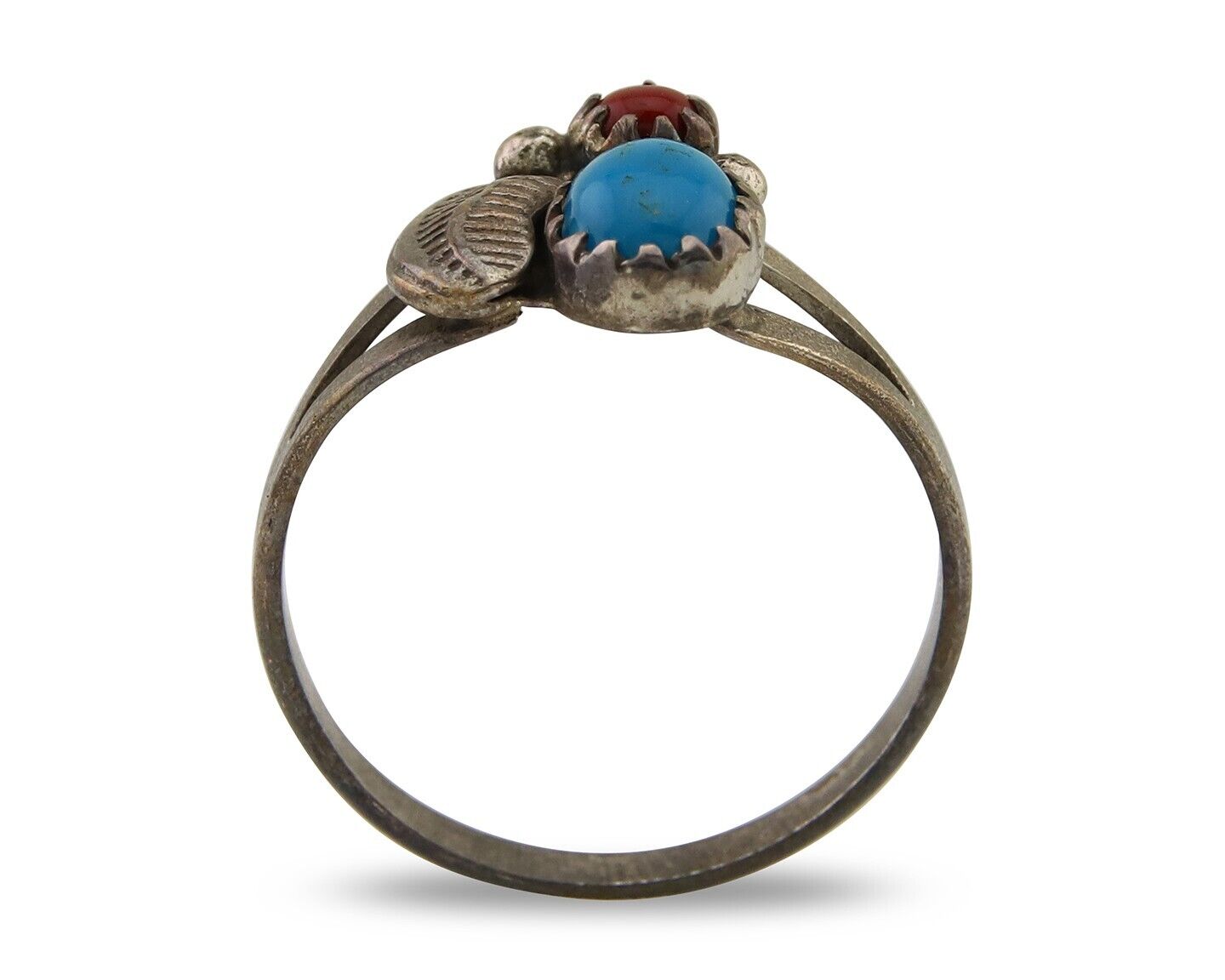 Navajo Handmade Ring 925 Silver Turquoise & Coral Native Artist C.80's