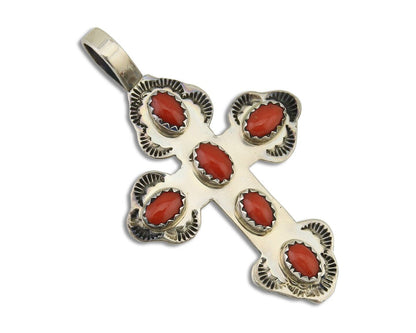 Navajo Cross Pendant 925 Silver Mediterranean Coral Artist Signed CB C.80's