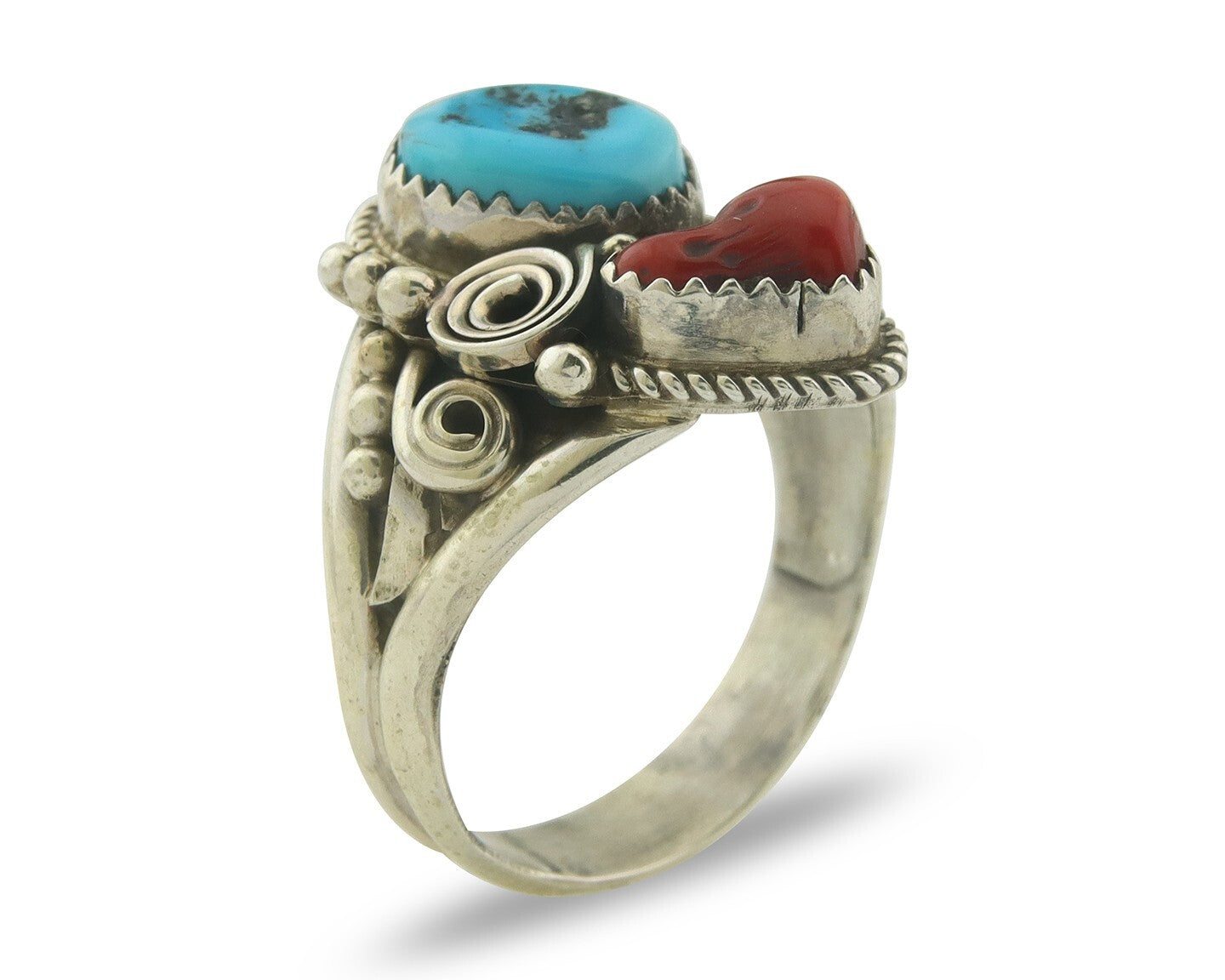 Men Navajo Ring 925 Sterling Natural Coral & Turquoise Signed JM C.80's Sz 12.5