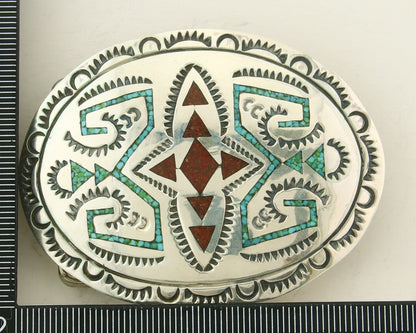 Vintage Navajo Belt Buckle 925 Silver Inlaid Gemstone Signed Stanley Bain C.80's