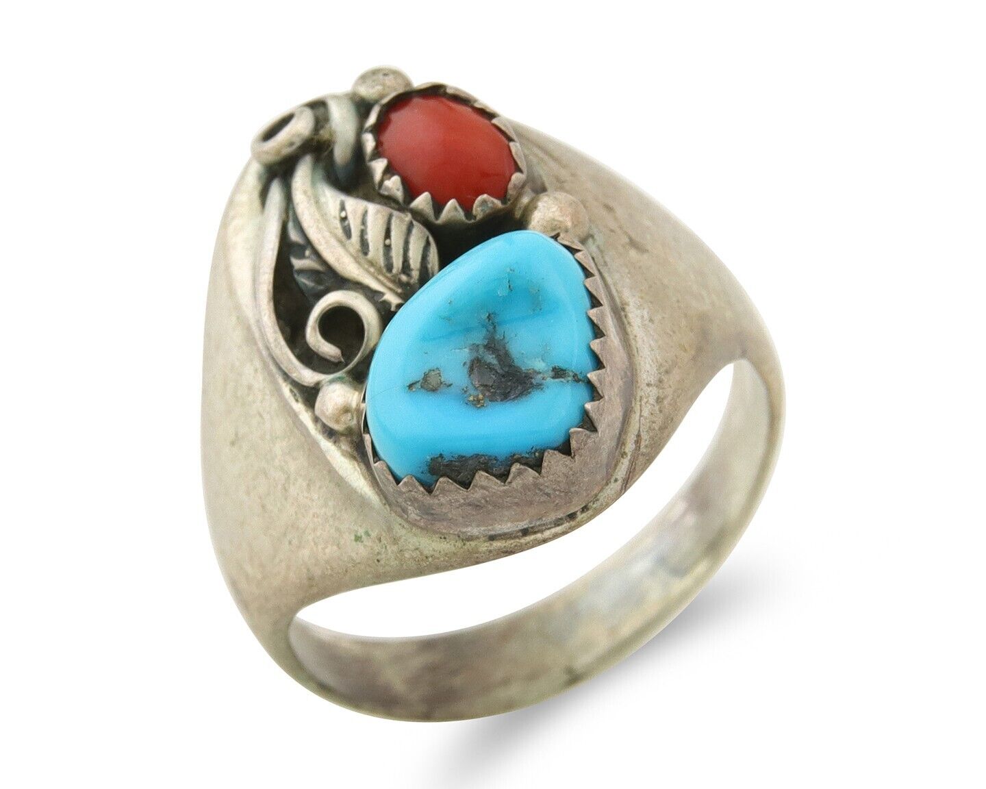 Navajo Ring 925 Sterling Turquoise & Coral Native Artist C.80's Size 9.0
