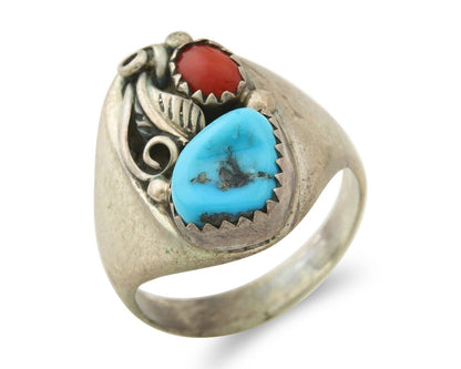 Navajo Ring 925 Sterling Turquoise & Coral Native Artist C.80's Size 9.0