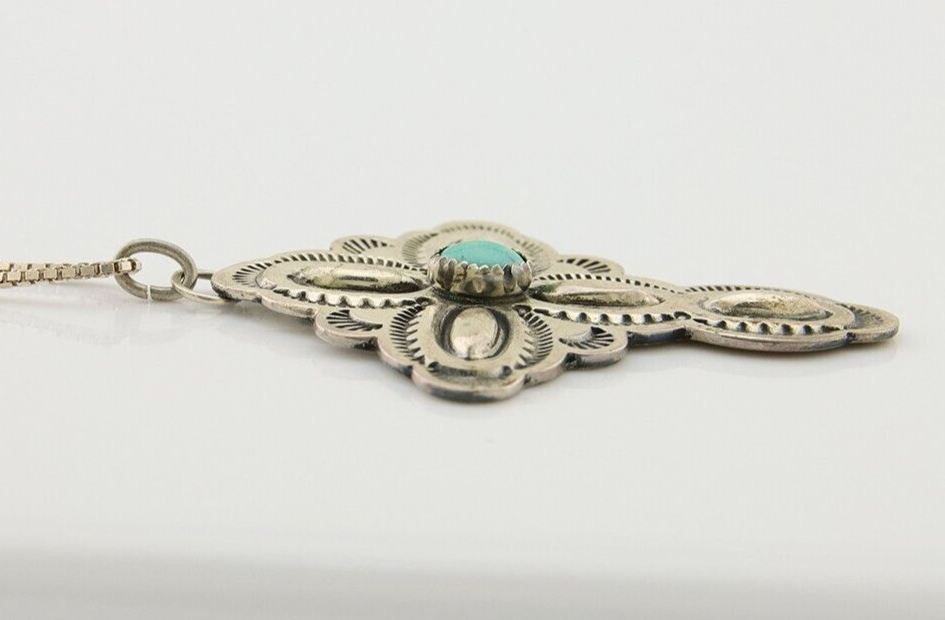 Navajo Cross Hand Stamped Necklace 925 Silver Turquoise Artist JRS C.80's