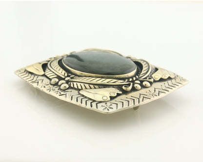 Navajo Belt Buckle .999 Nickel Agate Native Artist Handmade 2.5 x 3.0 in C.80s