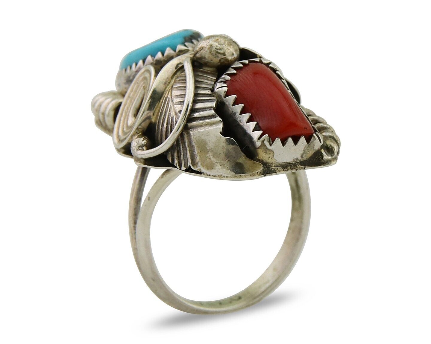 Navajo Handmade Ring 925 Silver Coral & Turquoise Signed Circle Max C.80's