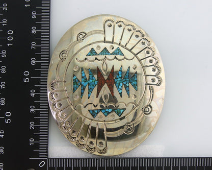 Navajo Belt Buckle .999 Nickel Buffalo Gemstone Signed Jimmie Nezzie 3x3.5in C80