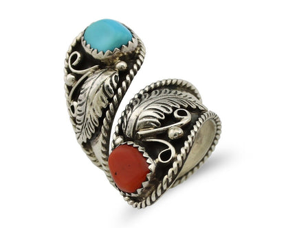 Navajo Adjustable Ring 925 Silver Turquiose & Coral Artist Signed R C.80's