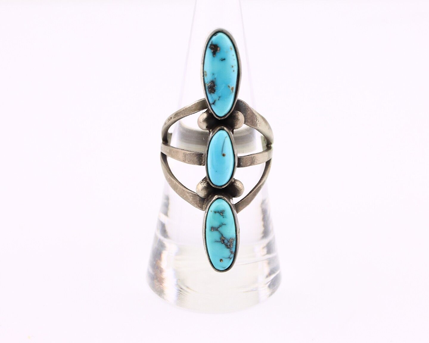 Navajo 3 Stone Ring 925 Silver Blue Turquoise Native American Artist C.80's