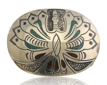 Navajo Belt Buckle .999 Nickel Buffalo Gemstone Signed Chee Keams C.80s