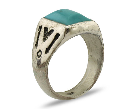 Navajo Ring 925 Silver Kingman Turquoise Signed Sun Bell Silver Company C.80's