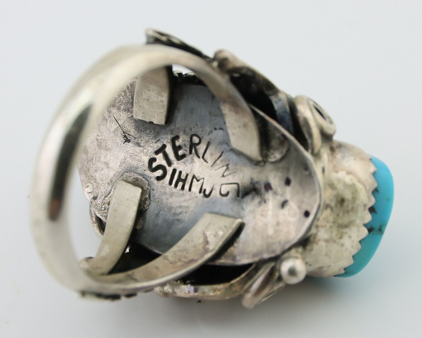 Navajo Handmade Ring 925 Silver Sleeping B Turquoise Artist Signed IHMJ C.80's