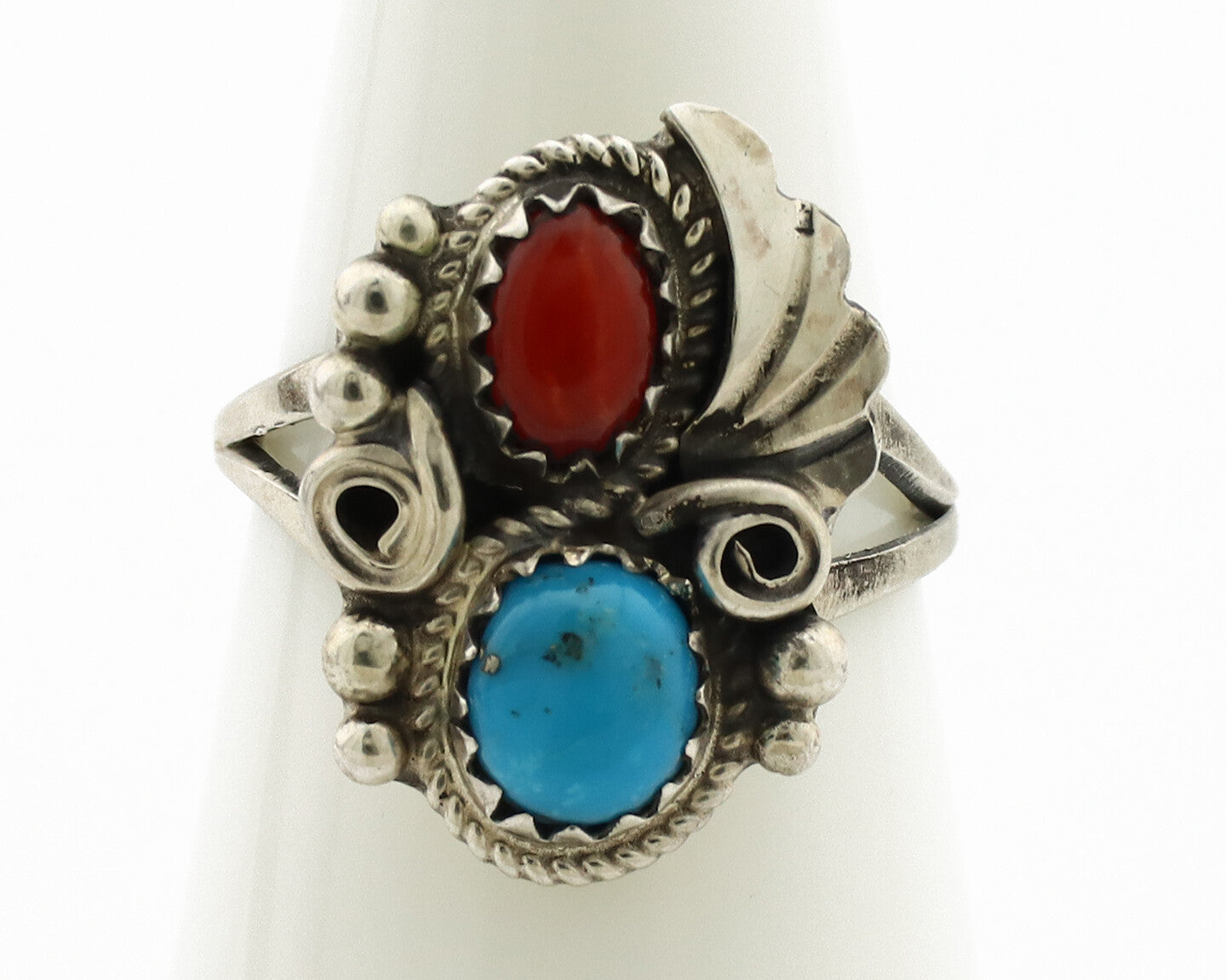 Navajo Ring .925 Silver Morenci Turquoise & Coral Native Artist Signed JM C.80's