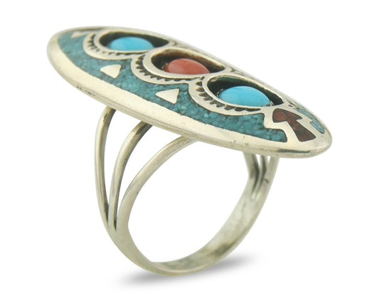 Vintage Navajo Ring 925 Sterling Turquoise & Coral Signed Circle JW Size 6.0