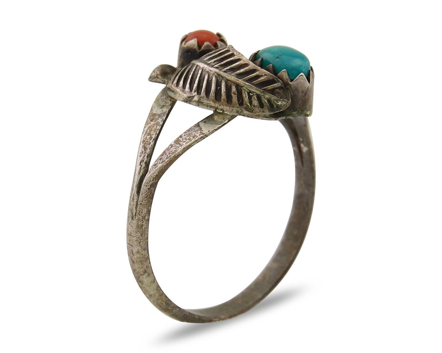 Navajo Handmade Ring 925 Silver Turquoise & Coral Native Artist C.80's
